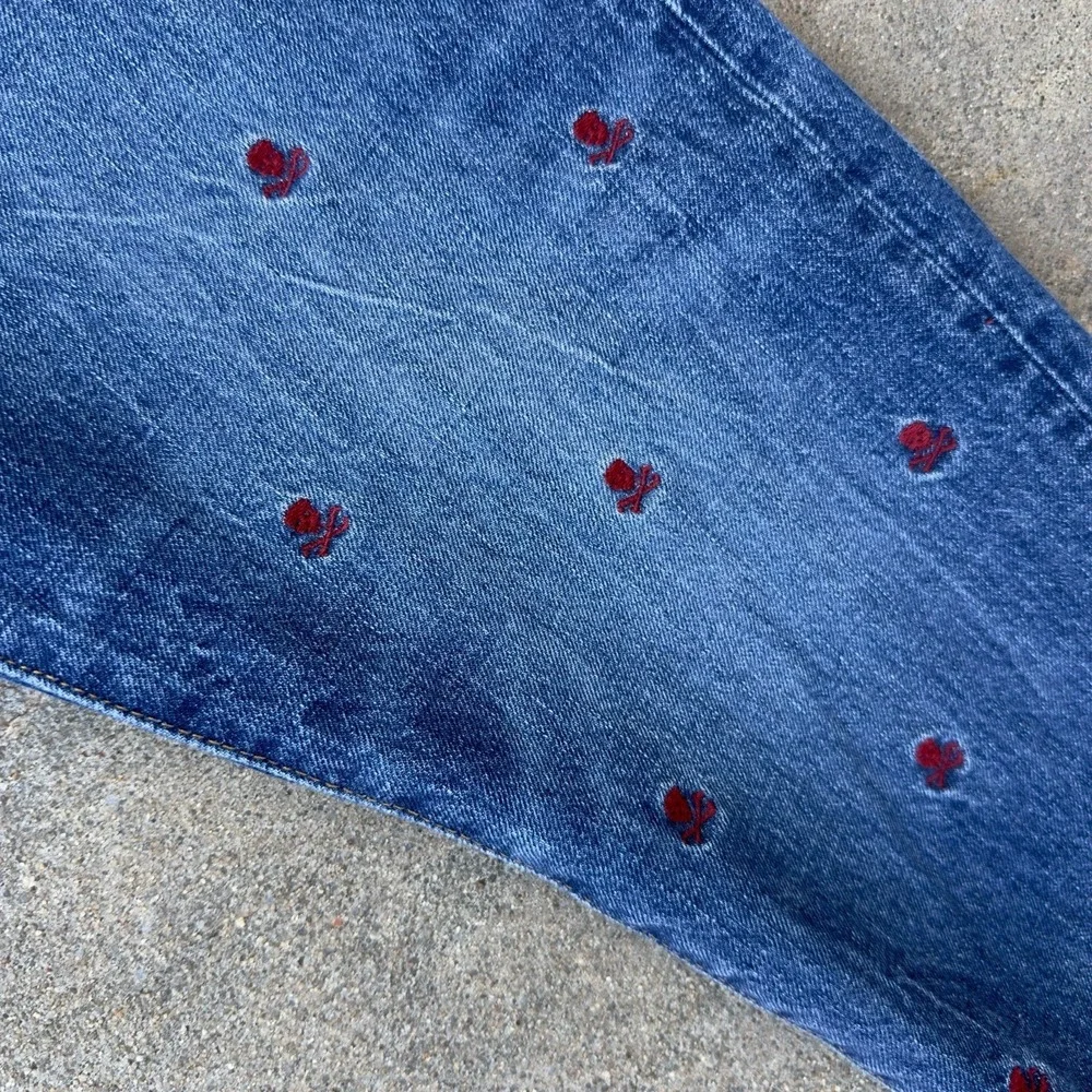 Polo Ralph Lauren Blue Sullivan Slim Skull Crossbones Embroidered Jeans - 34x30